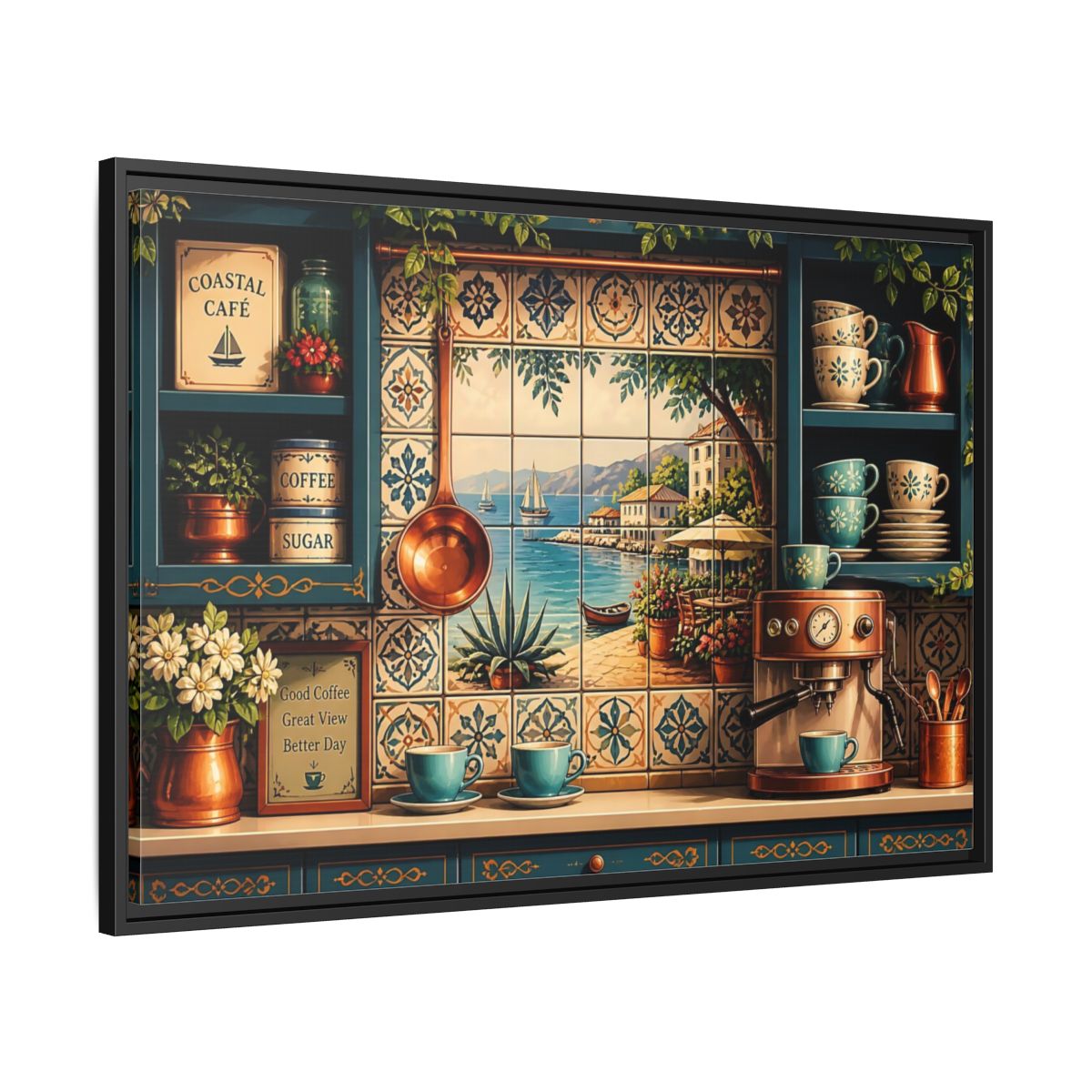 Side Mockup 13. Coastal Cafe Tile View shown as framed canvas print