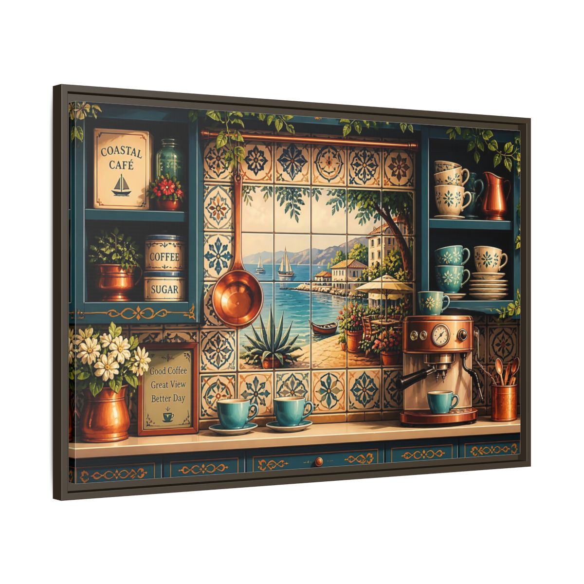 Main Mockup. Coastal Cafe Tile View shown as framed canvas print
