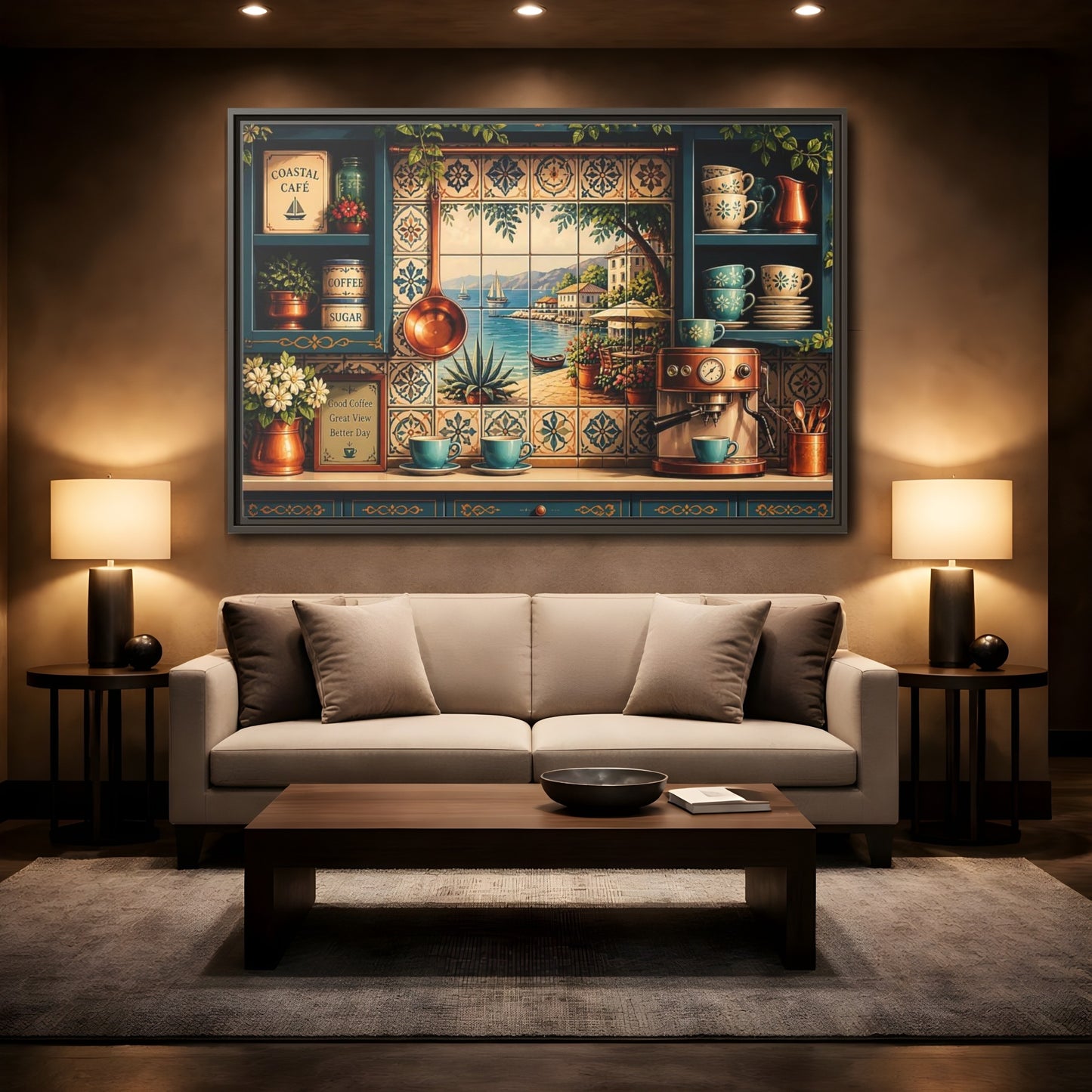 Mockup 2. Coastal Cafe Tile View shown as framed canvas print