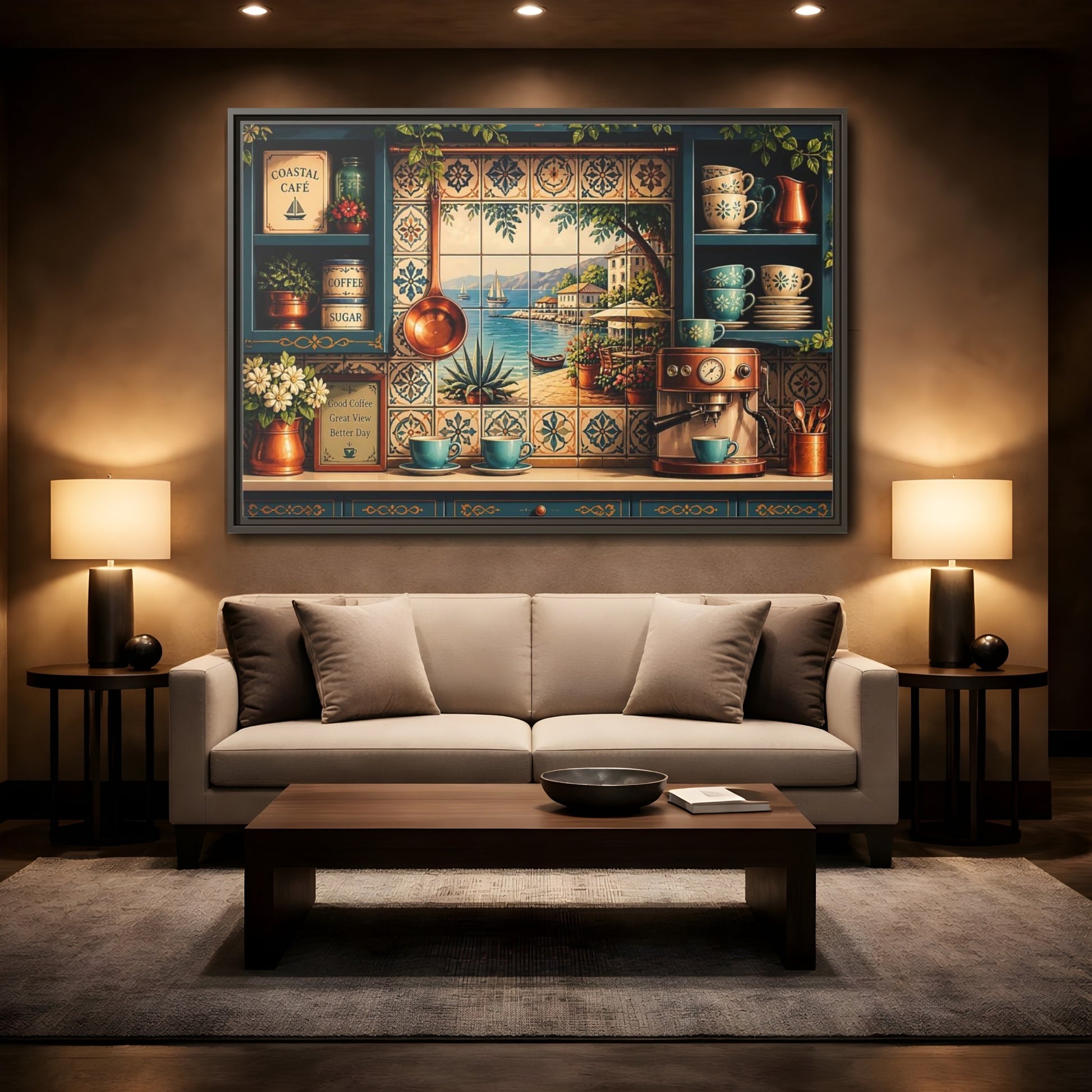 Mockup 2. Coastal Cafe Tile View shown as framed canvas print