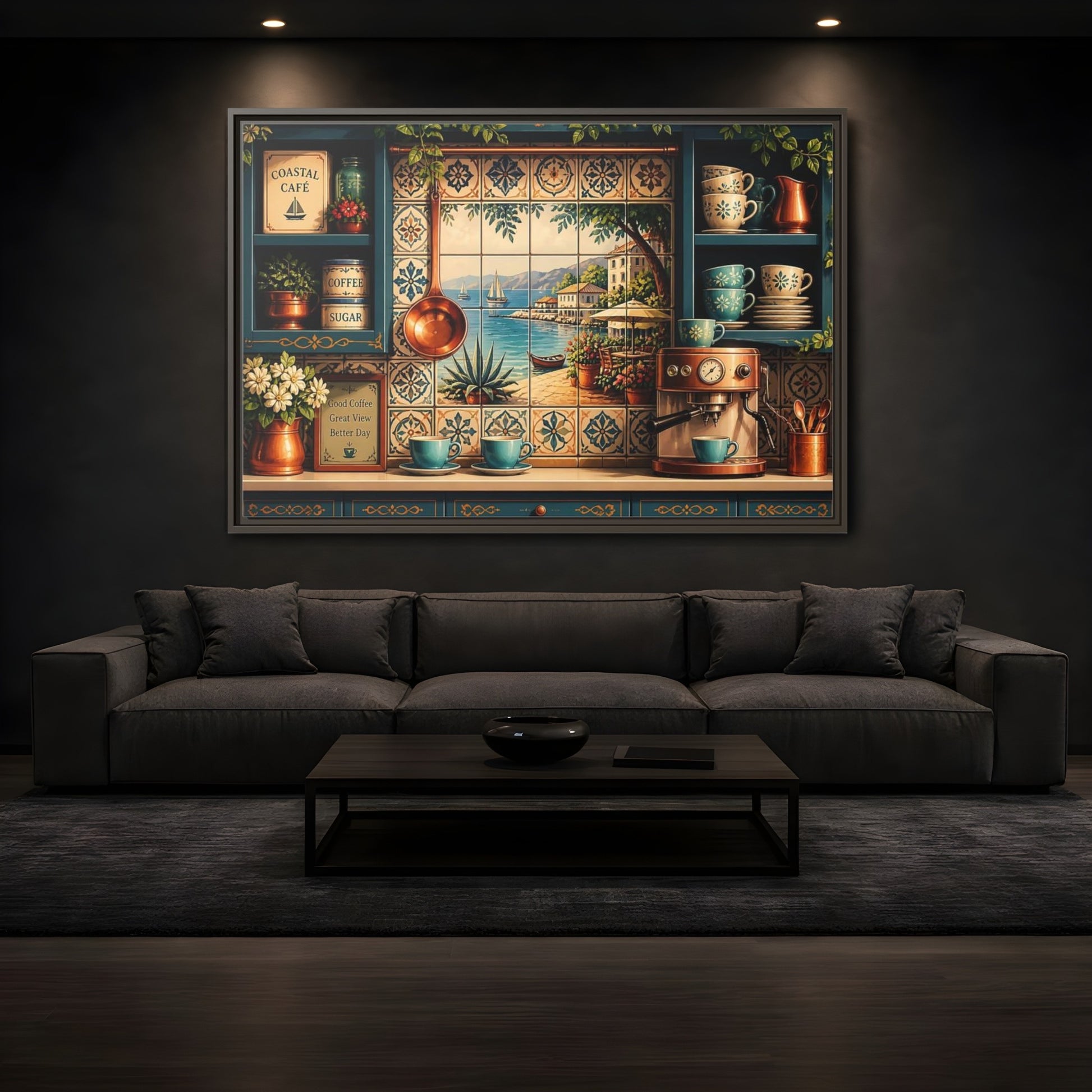 Mockup 3. Coastal Cafe Tile View shown as framed canvas print