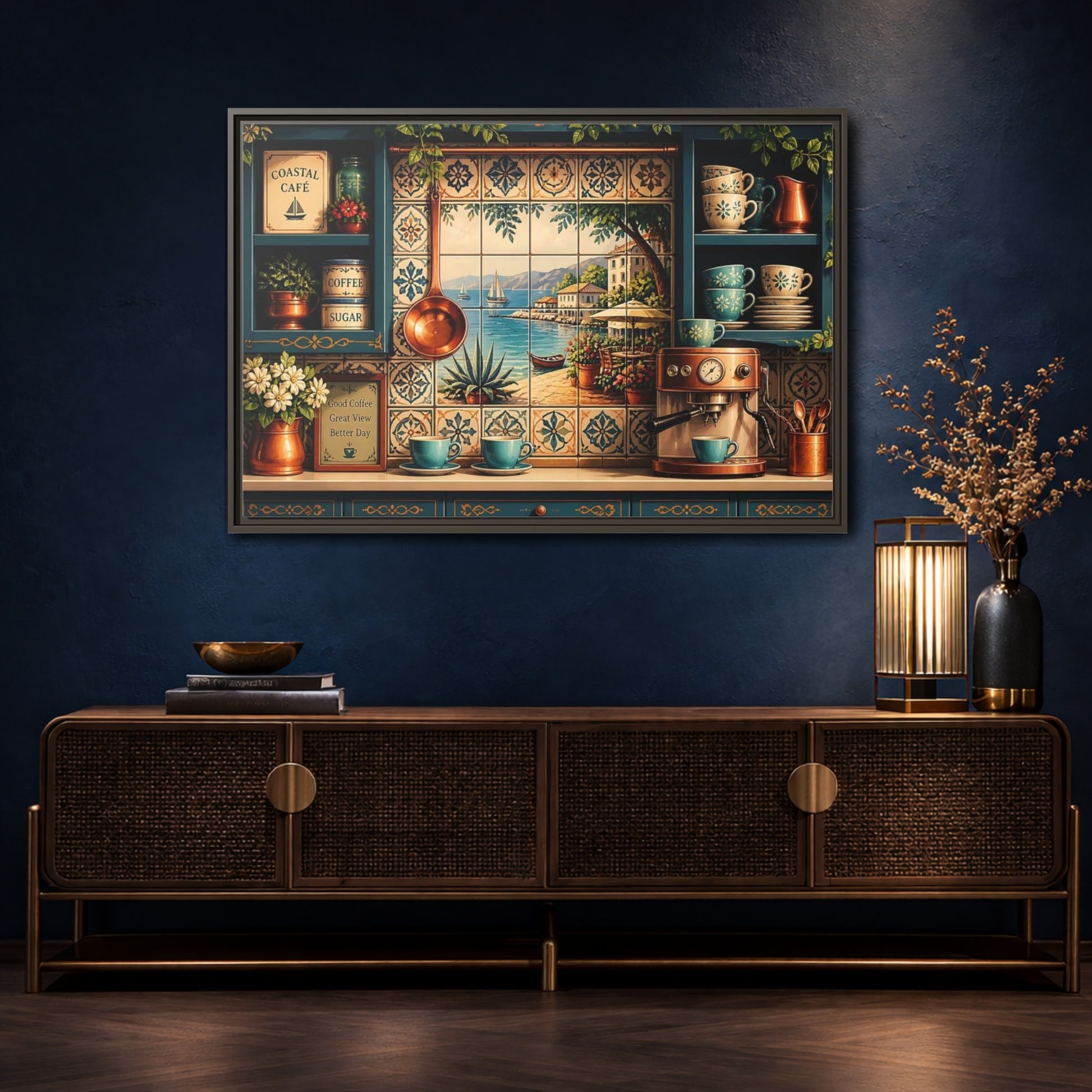 Mockup 4. Coastal Cafe Tile View shown as framed canvas print