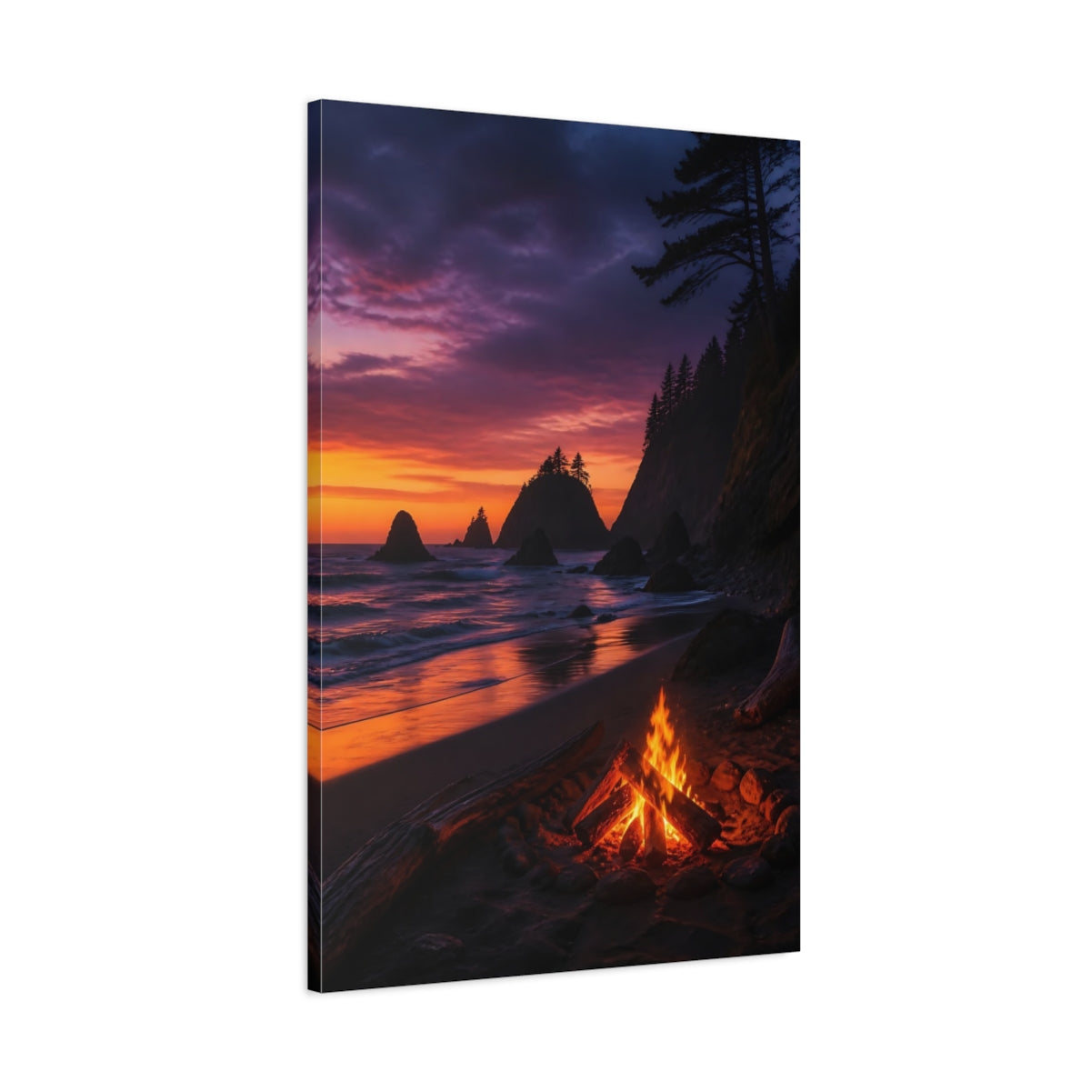 Main Mockup. Coastal Campfire At Sunset shown as canvas print