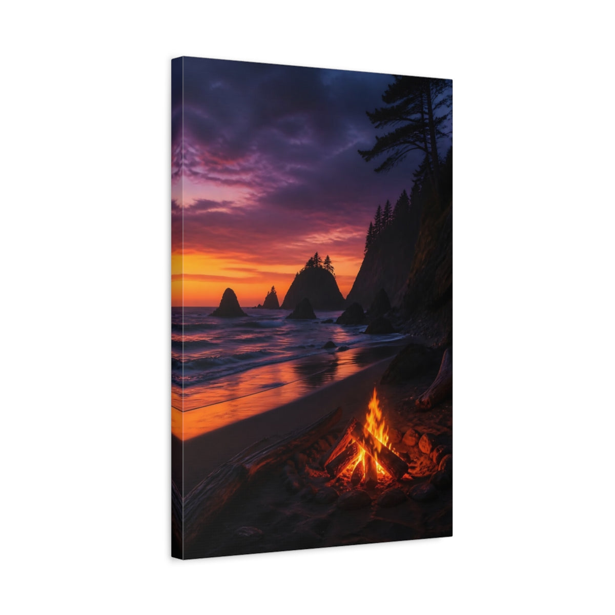 Side Mockup 3. Coastal Campfire At Sunset shown as canvas print