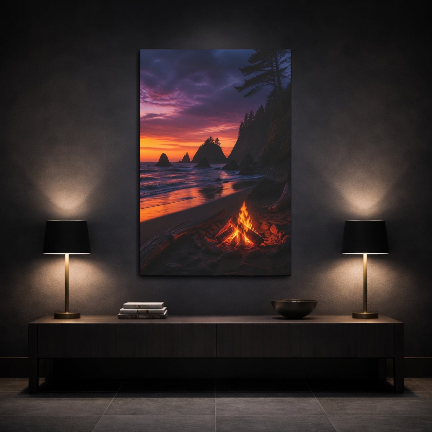 Mockup 3. Coastal Campfire At Sunset shown as canvas print