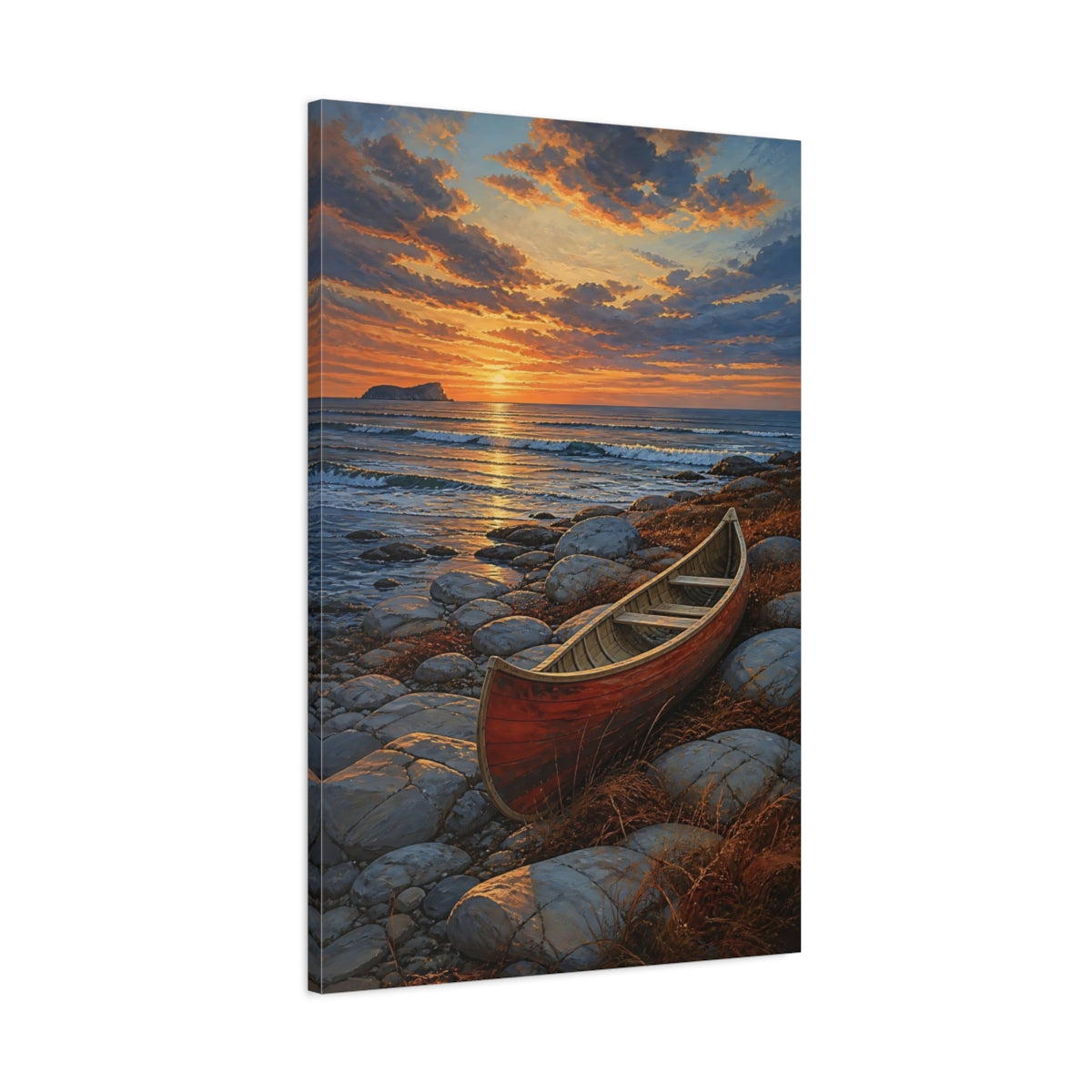 Main Mockup. Coastal Canoe At Sunset shown as canvas print