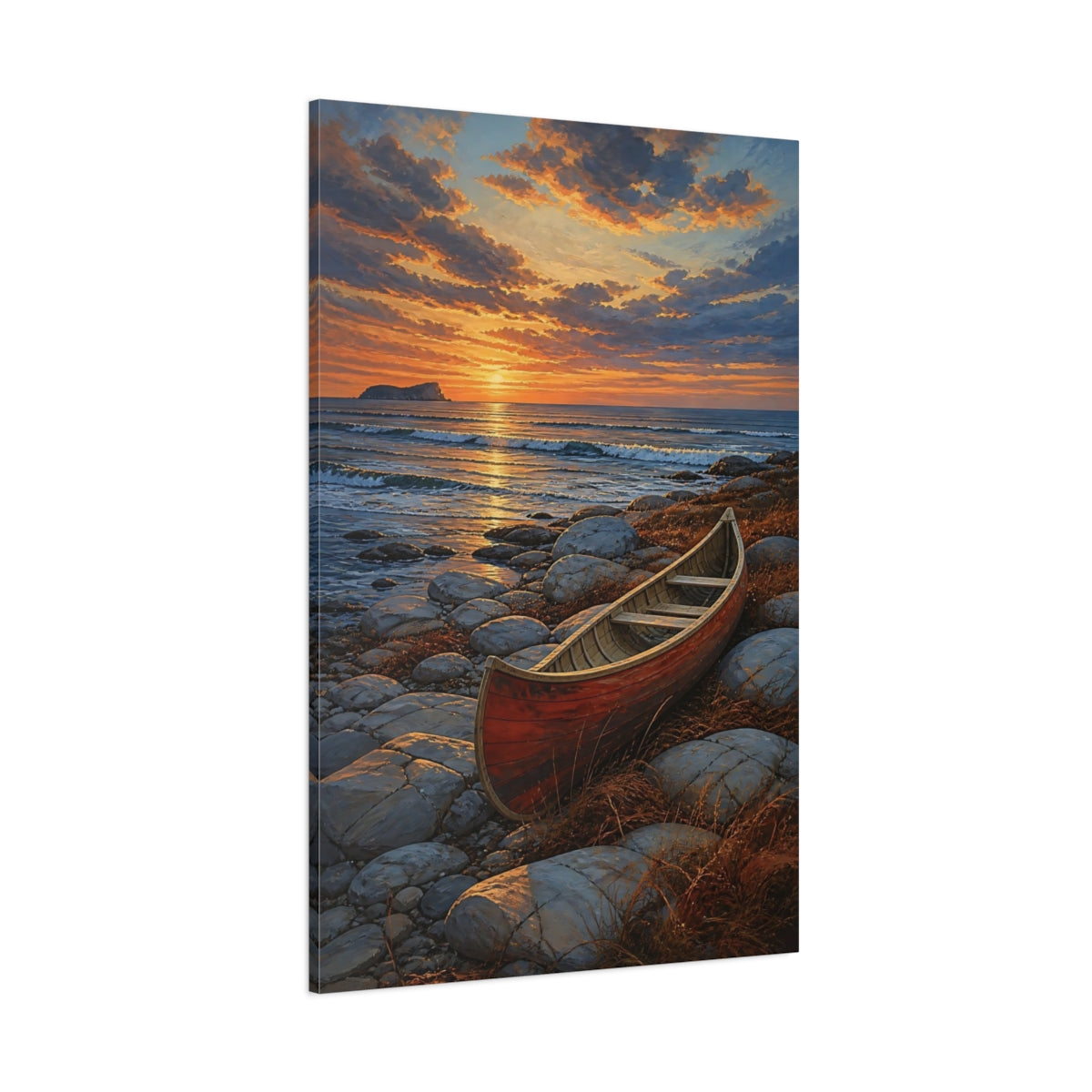 Side Mockup 1. Coastal Canoe At Sunset shown as canvas print