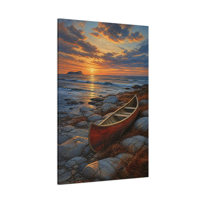 Side Mockup 1. Coastal Canoe At Sunset shown as canvas print