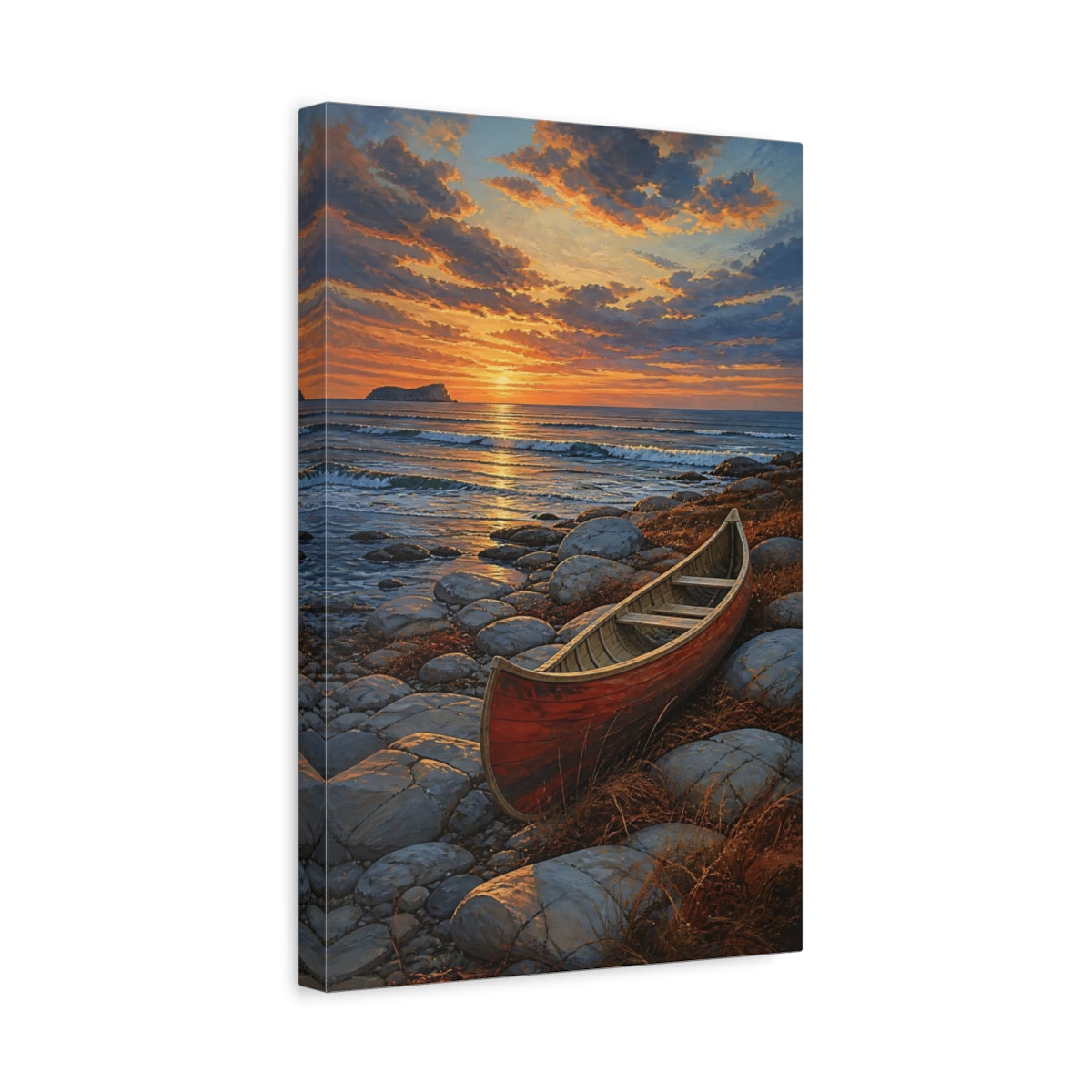 Side Mockup 4. Coastal Canoe At Sunset shown as canvas print