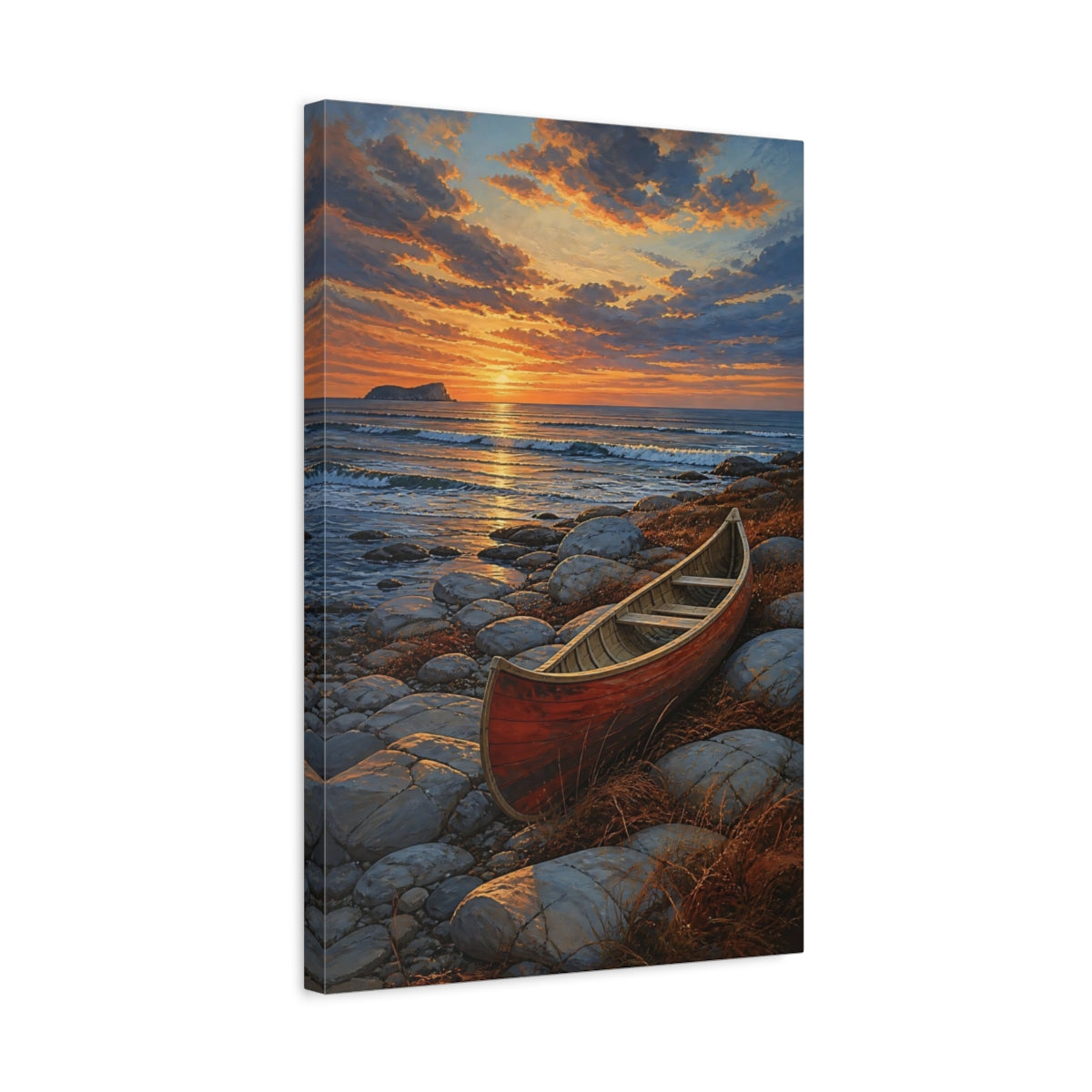 Side Mockup 3. Coastal Canoe At Sunset shown as canvas print