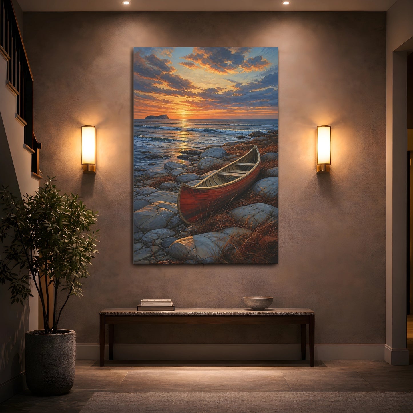 Mockup 2. Coastal Canoe At Sunset shown as canvas print
