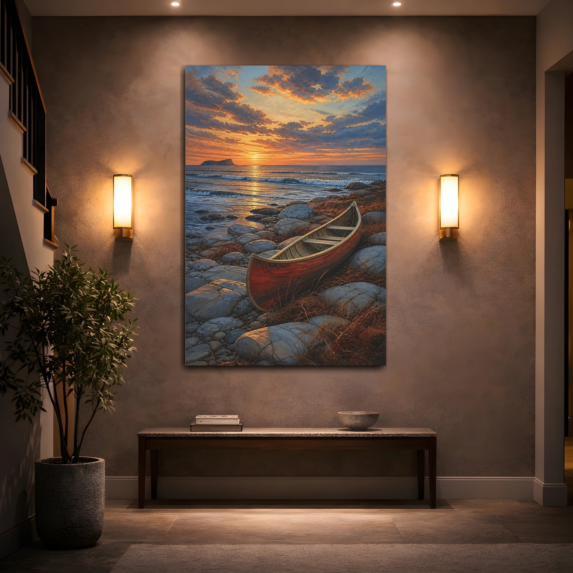 Mockup 2. Coastal Canoe At Sunset shown as canvas print