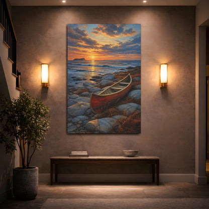 Mockup 2. Coastal Canoe At Sunset shown as canvas print
