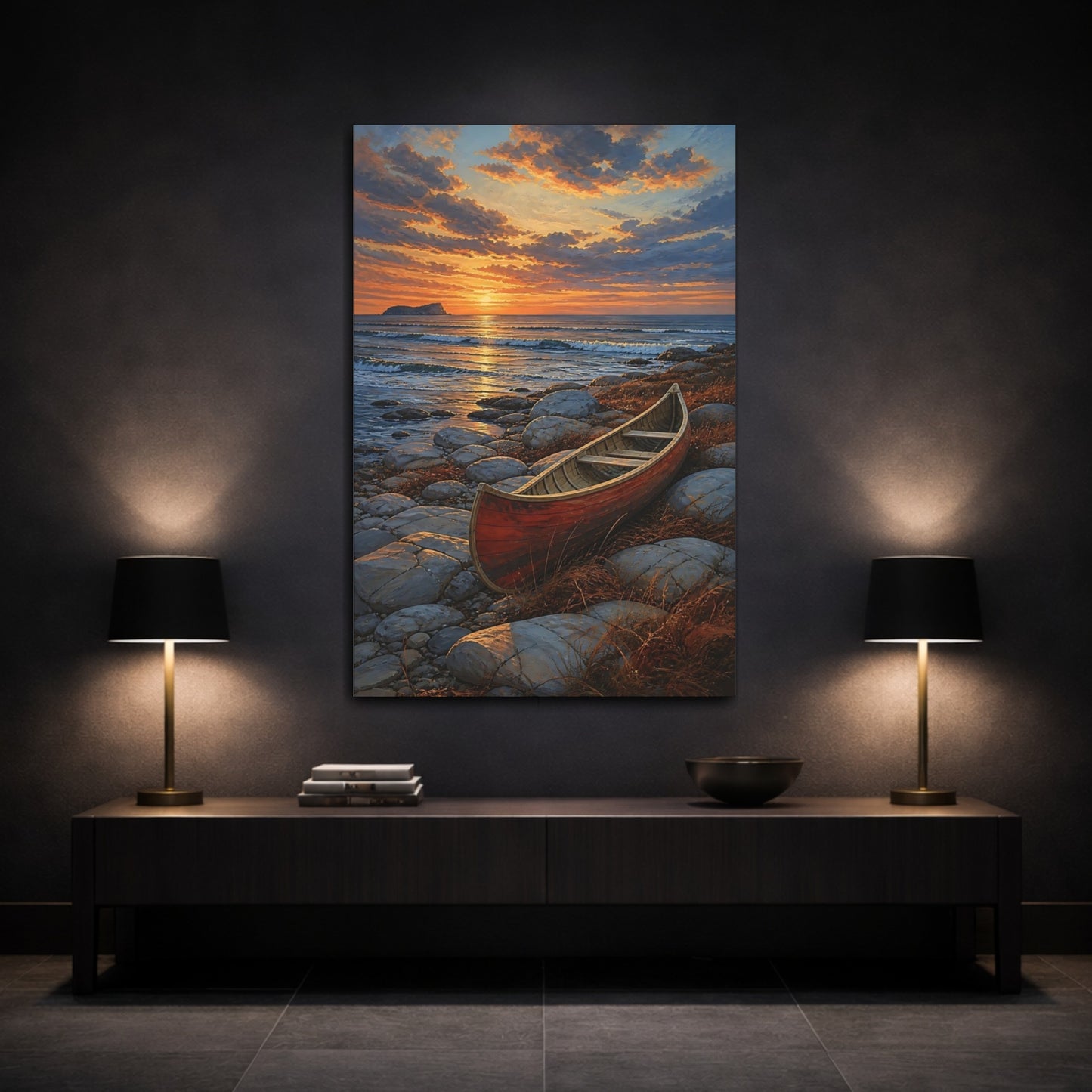 Mockup 3. Coastal Canoe At Sunset shown as canvas print