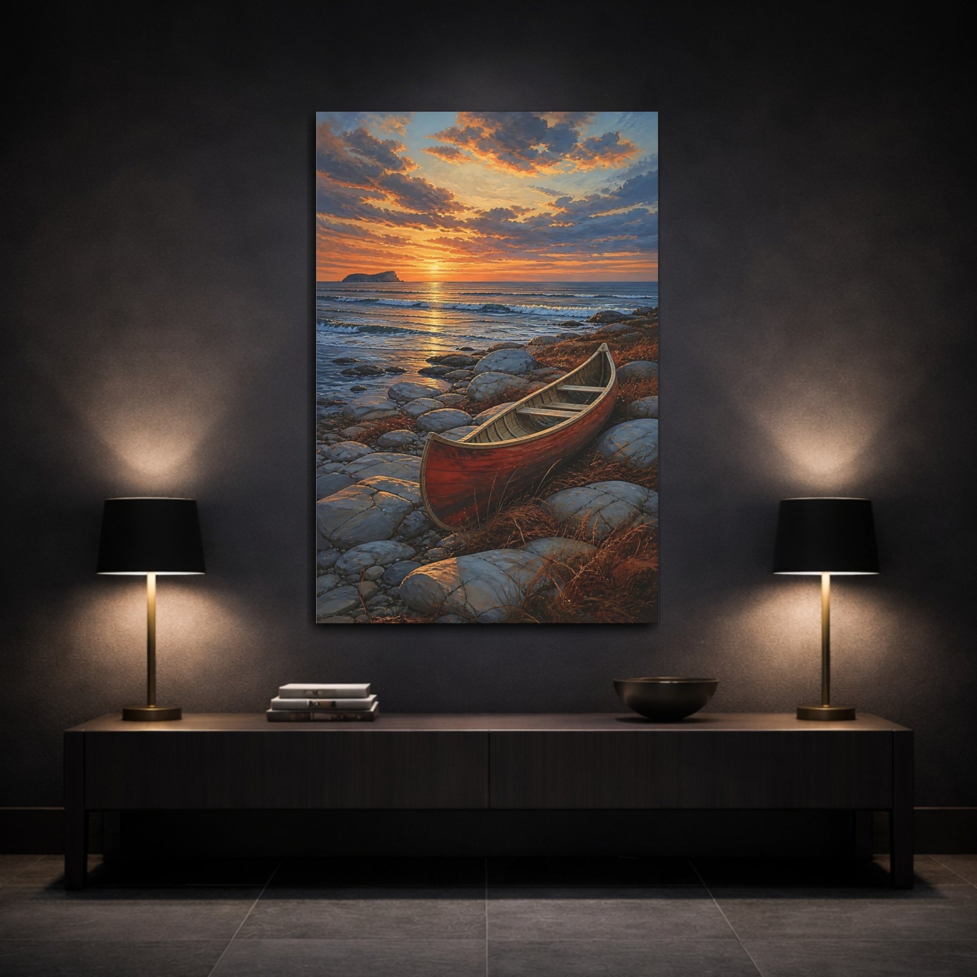 Mockup 3. Coastal Canoe At Sunset shown as canvas print