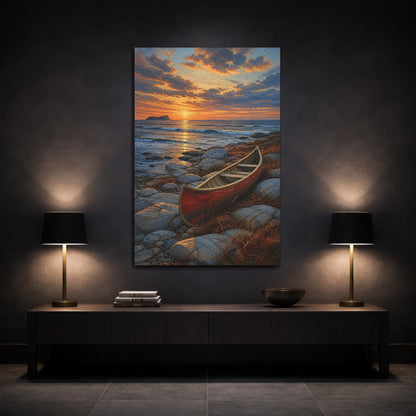 Mockup 3. Coastal Canoe At Sunset shown as canvas print