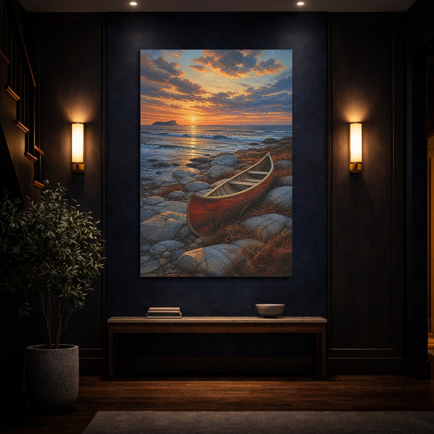 Mockup 4. Coastal Canoe At Sunset shown as canvas print