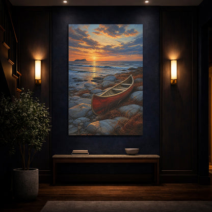 Mockup 4. Coastal Canoe At Sunset shown as canvas print