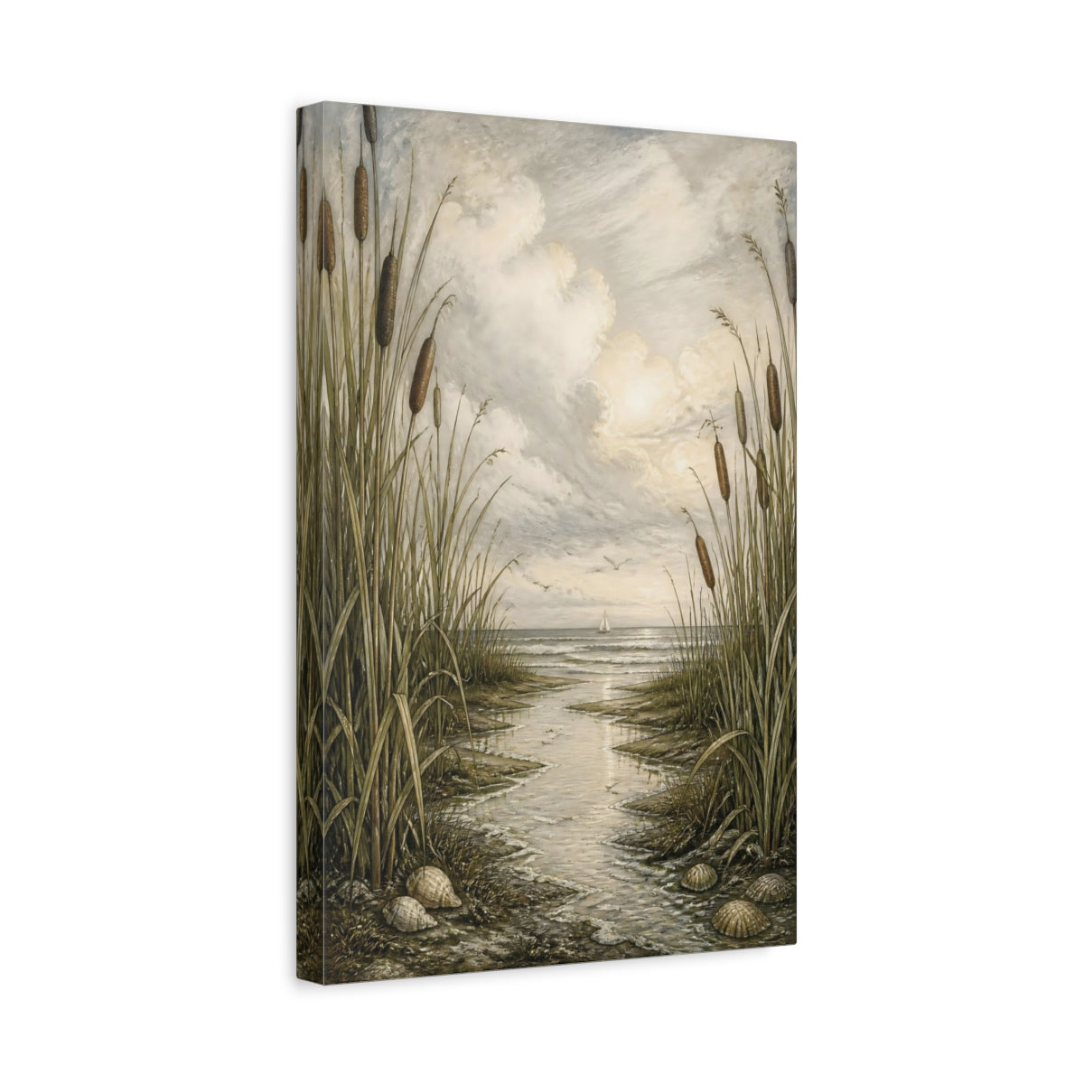 Side Mockup 4. Coastal Cattails shown as canvas print