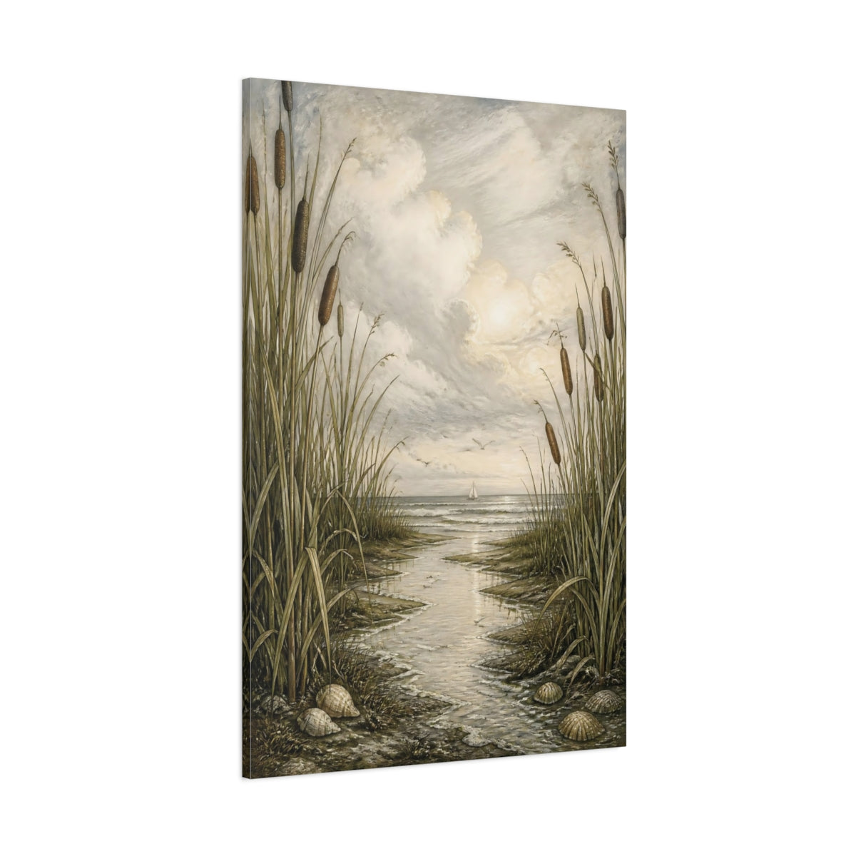 Side Mockup 1. Coastal Cattails shown as canvas print