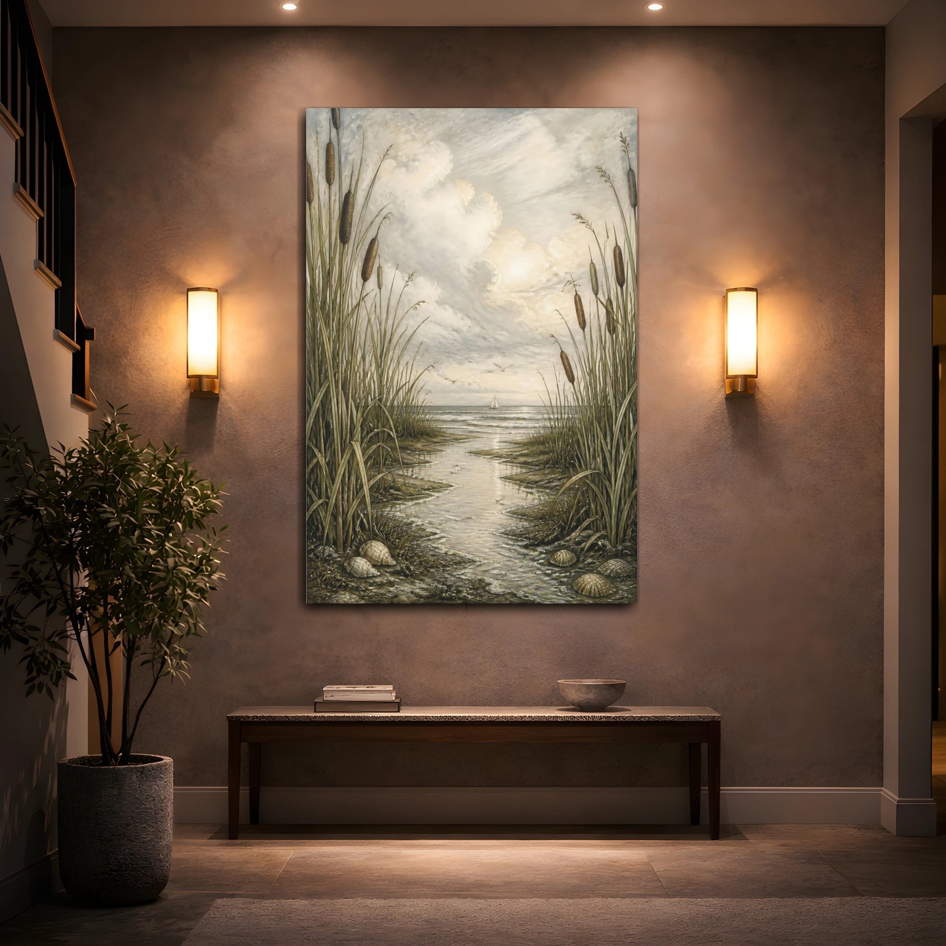 Mockup 2. Coastal Cattails shown as canvas print