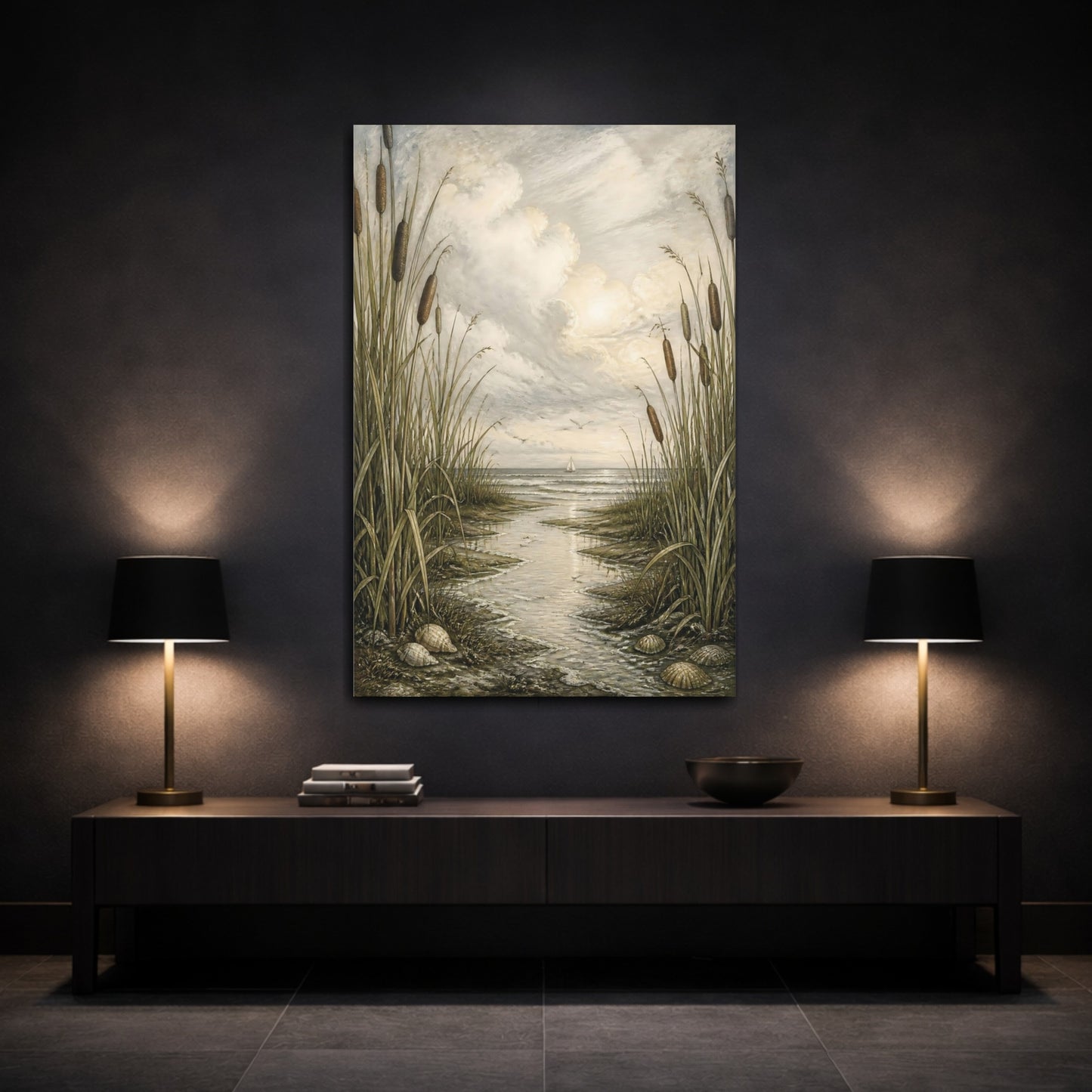 Mockup 3. Coastal Cattails shown as canvas print