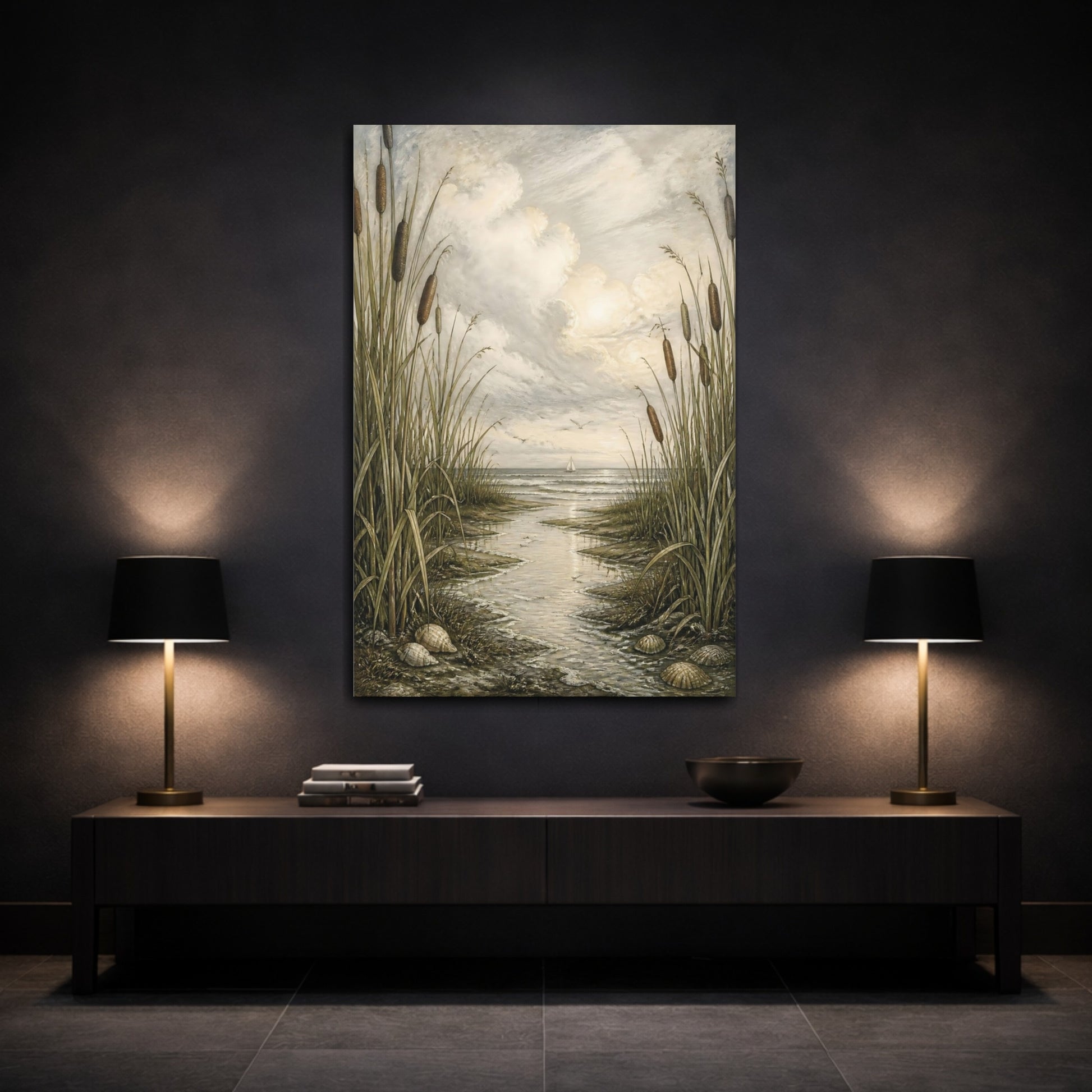 Mockup 3. Coastal Cattails shown as canvas print
