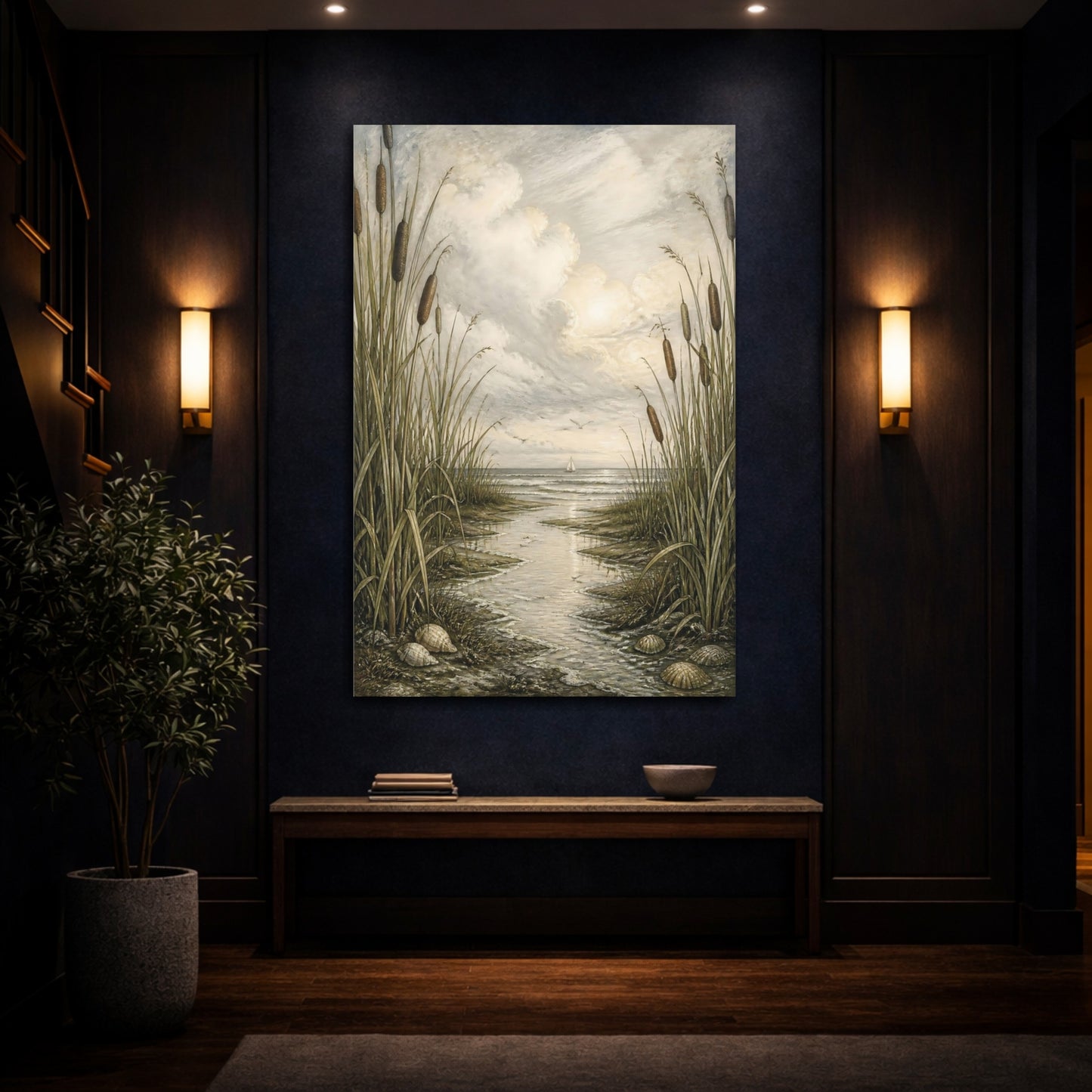 Mockup 4. Coastal Cattails shown as canvas print