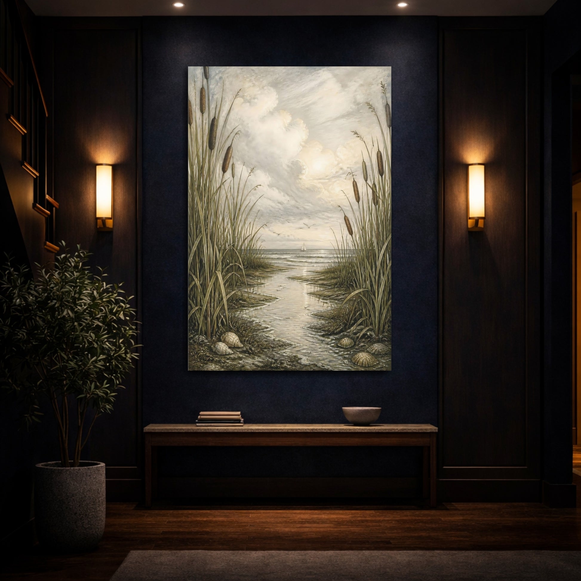 Mockup 4. Coastal Cattails shown as canvas print