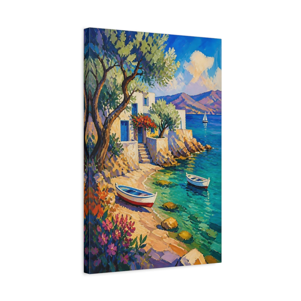 Side Mockup 3. Coastal Cove With Boats shown as canvas print