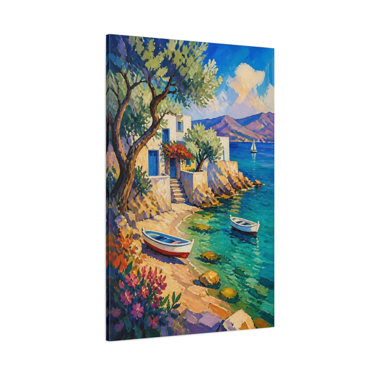 Side Mockup 1. Coastal Cove With Boats shown as canvas print