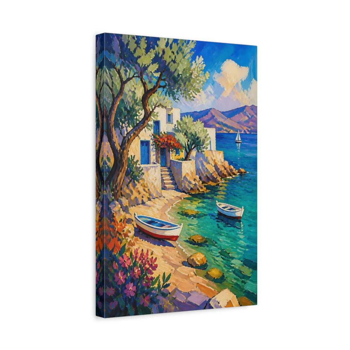 Side Mockup 4. Coastal Cove With Boats shown as canvas print
