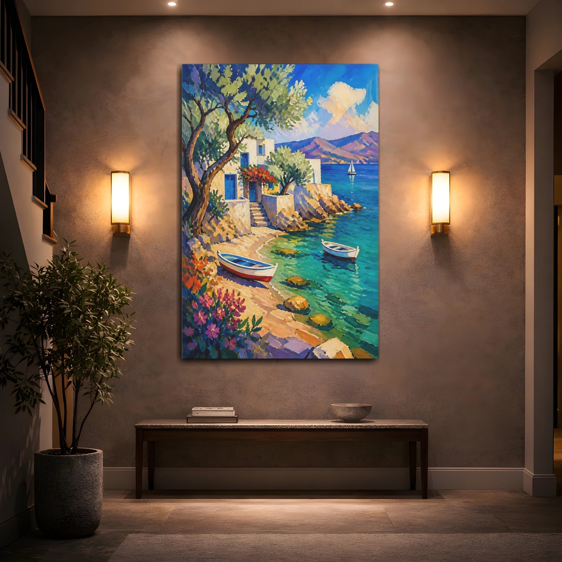 Mockup 2. Coastal Cove With Boats shown as canvas print