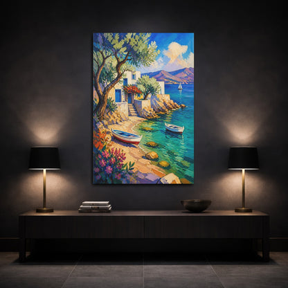 Mockup 3. Coastal Cove With Boats shown as canvas print