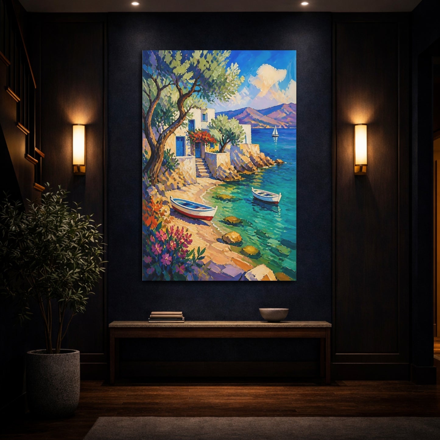 Mockup 4. Coastal Cove With Boats shown as canvas print