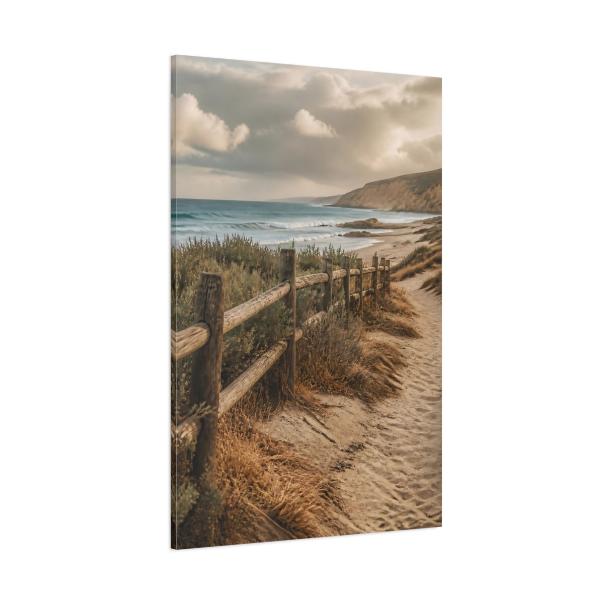 Side Mockup 1. Coastal Driftwood Fence shown as canvas print