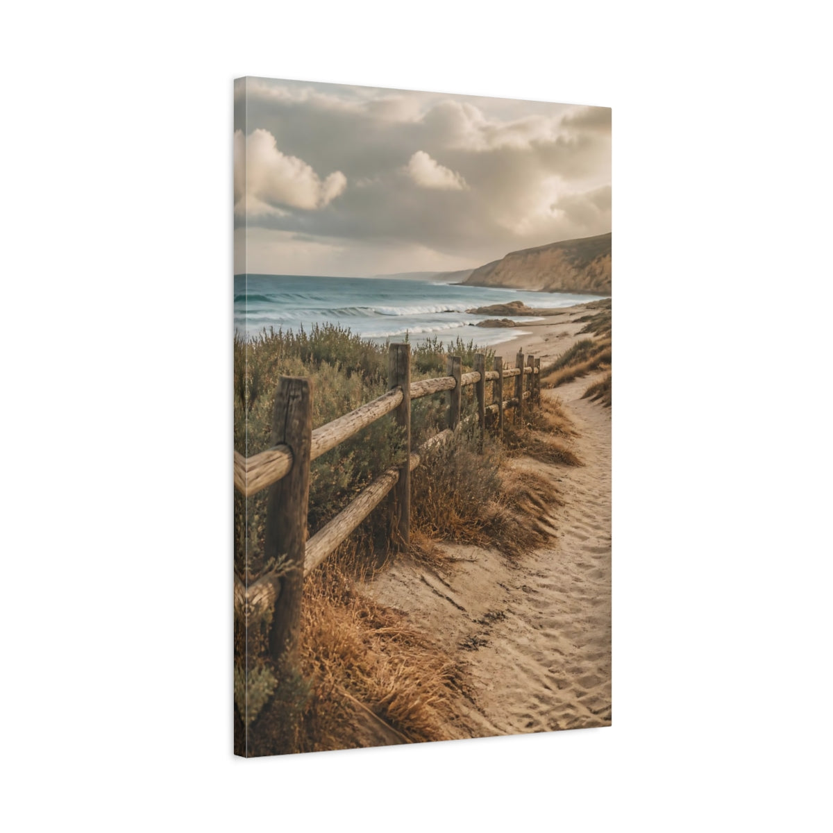 Side Mockup 2. Coastal Driftwood Fence shown as canvas print