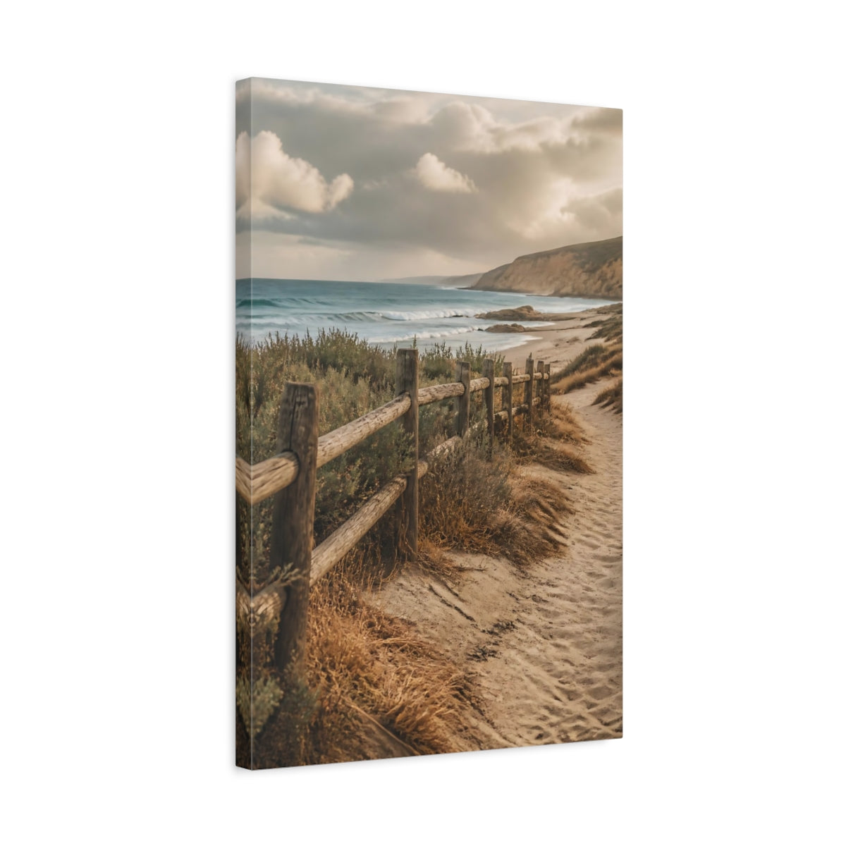 Side Mockup 3. Coastal Driftwood Fence shown as canvas print