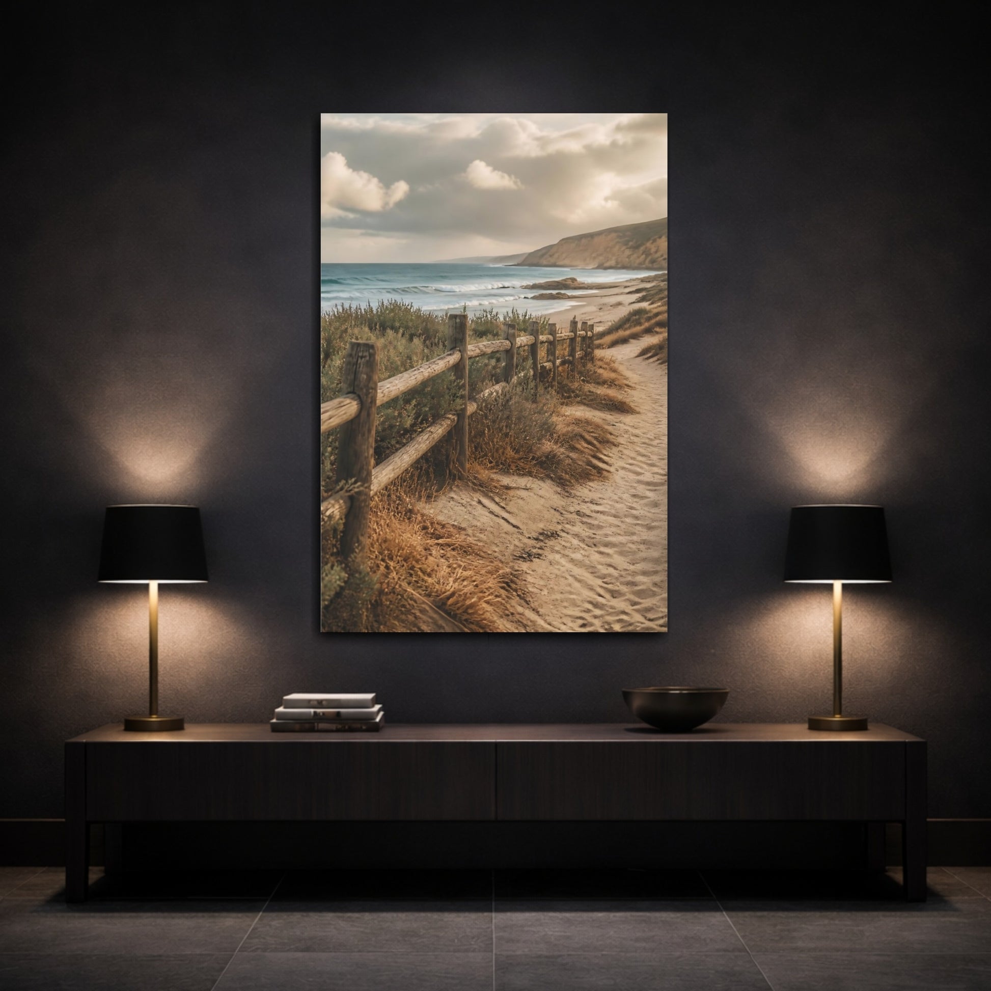 Mockup 3. Coastal Driftwood Fence shown as canvas print