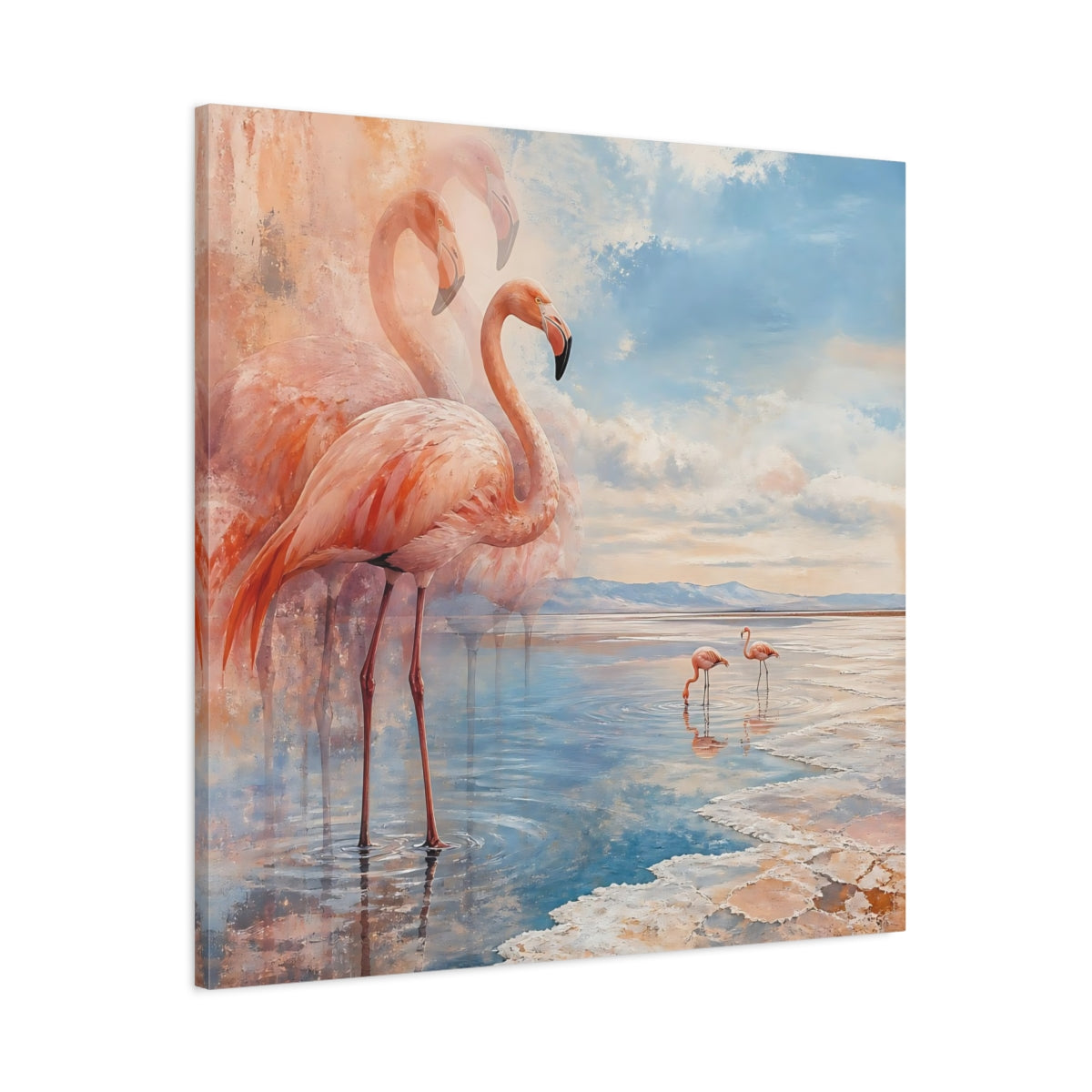 Main Mockup. Coastal Flamingo Serenade shown as canvas print