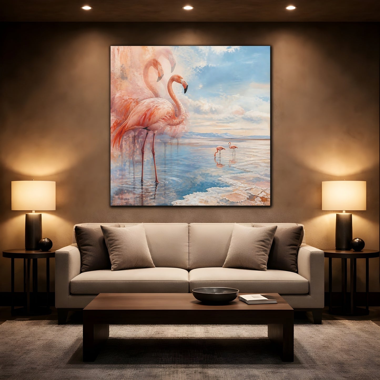 Mockup 2. Coastal Flamingo Serenade shown as canvas print