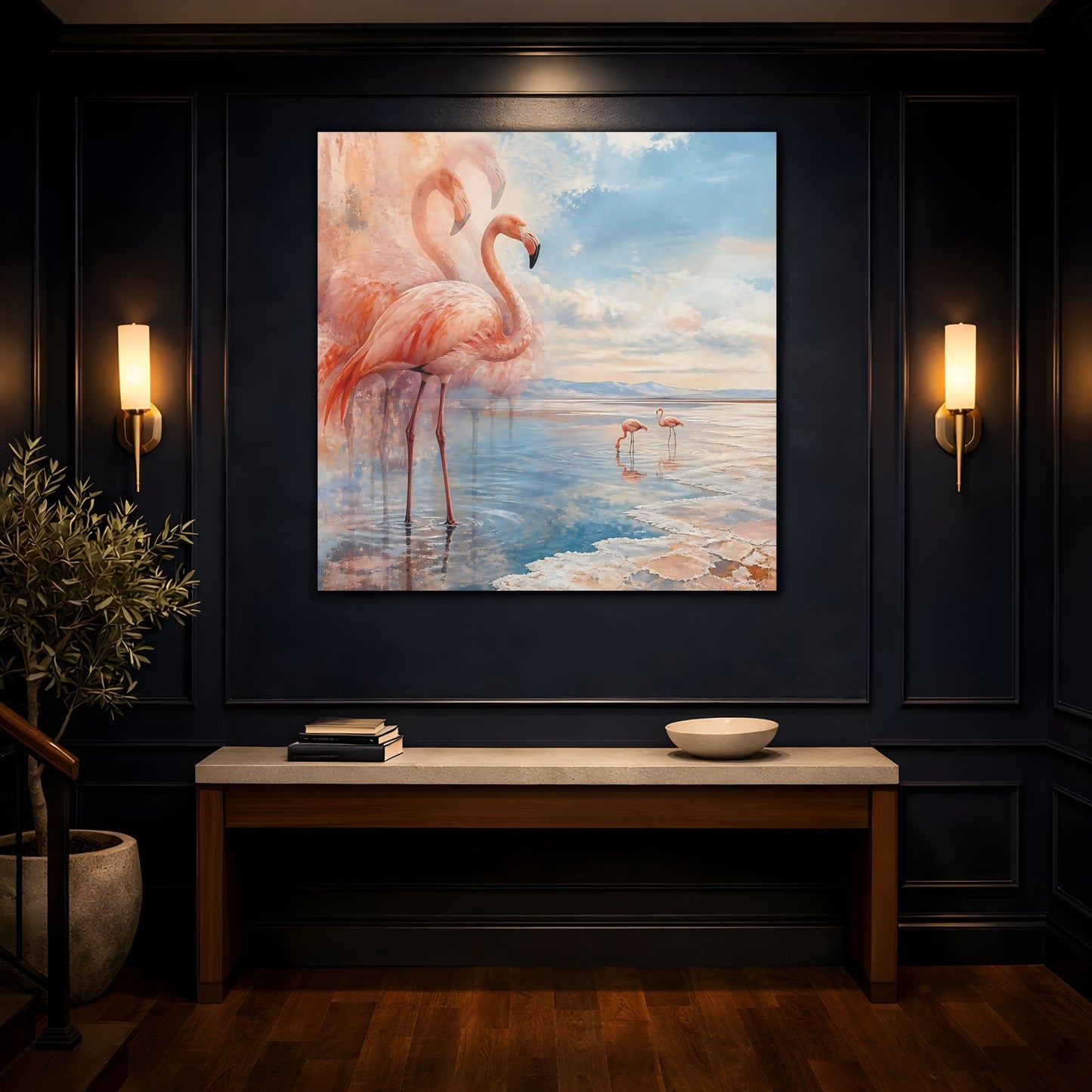 Mockup 4. Coastal Flamingo Serenade shown as canvas print