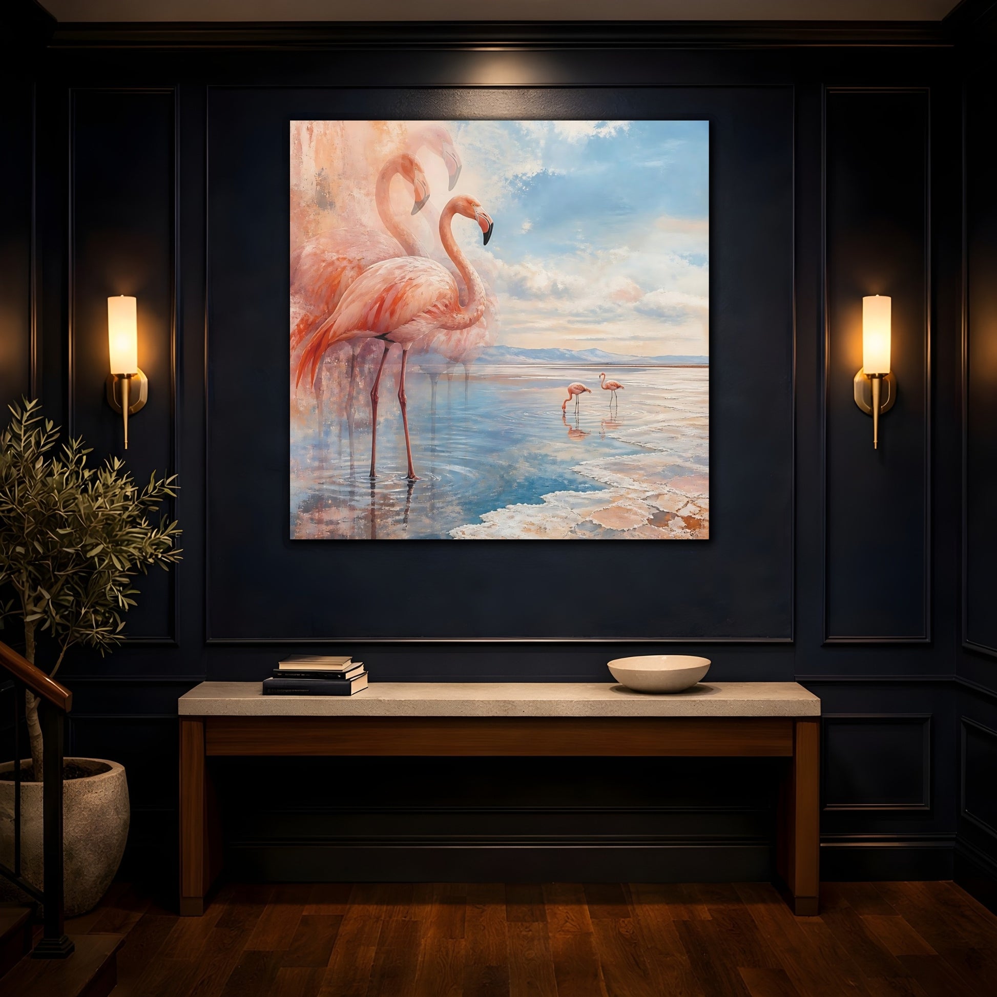 Mockup 4. Coastal Flamingo Serenade shown as canvas print
