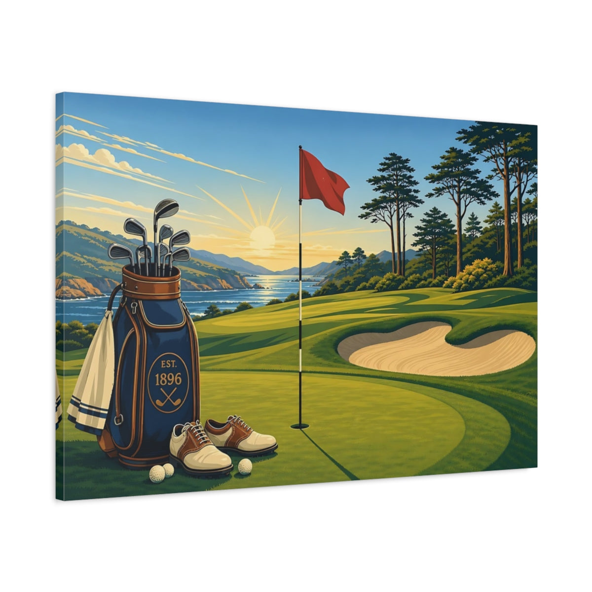 Main Mockup. Coastal Golf At Sunrise shown as canvas print