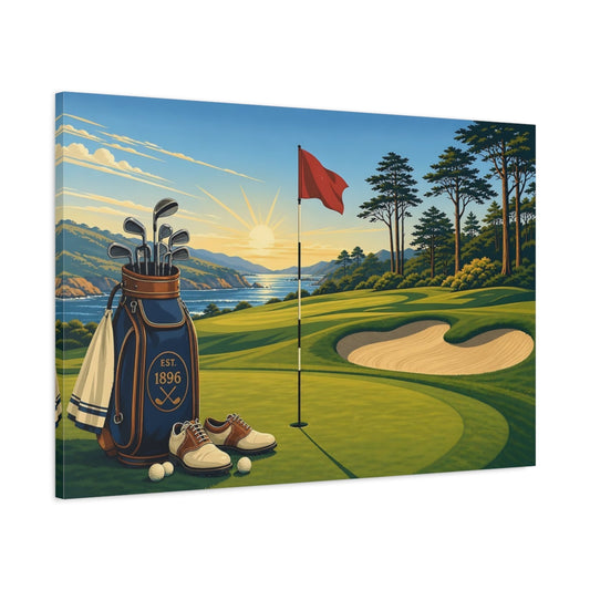 Main Mockup. Coastal Golf At Sunrise shown as canvas print