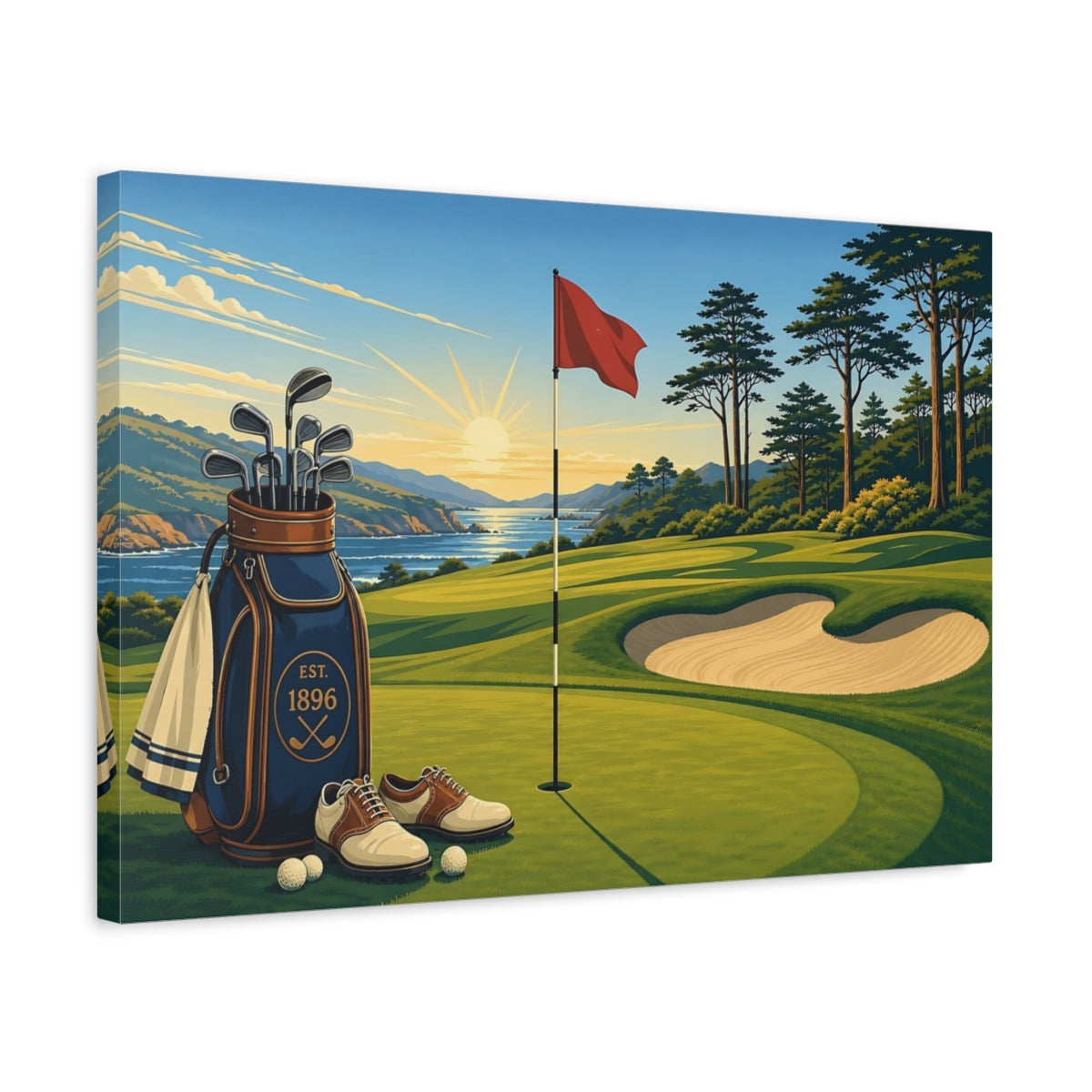 Side Mockup 3. Coastal Golf At Sunrise shown as canvas print