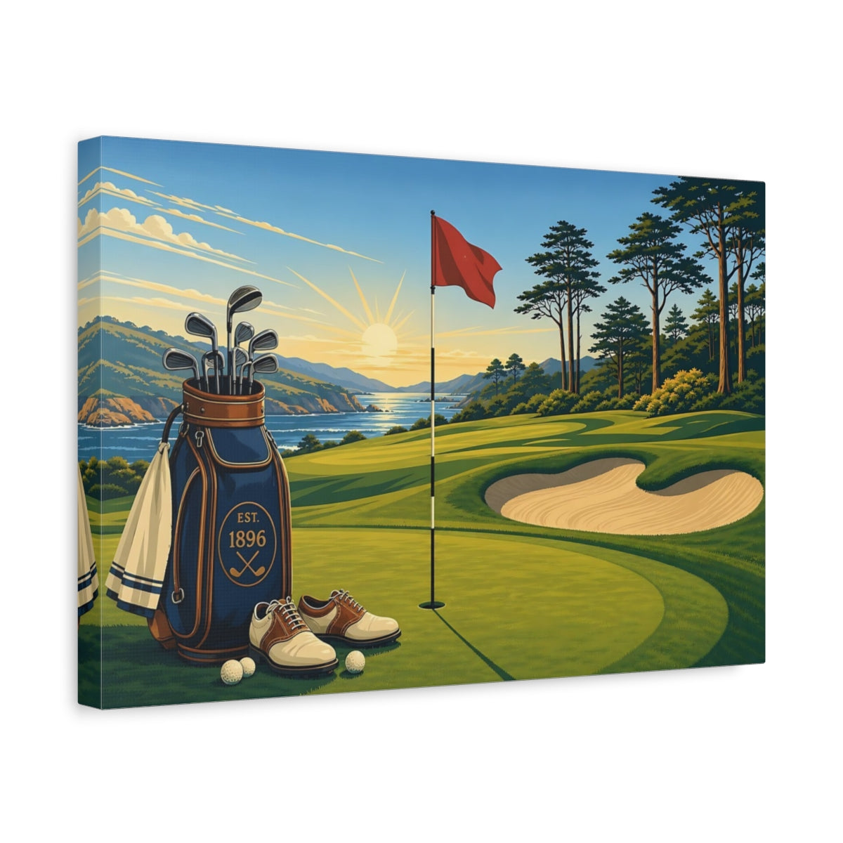 Side Mockup 4. Coastal Golf At Sunrise shown as canvas print