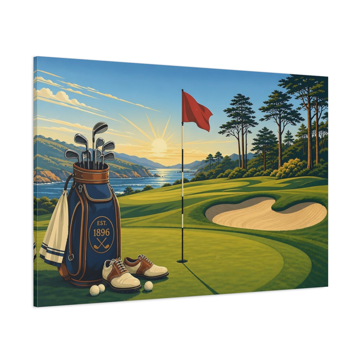 Side Mockup 1. Coastal Golf At Sunrise shown as canvas print