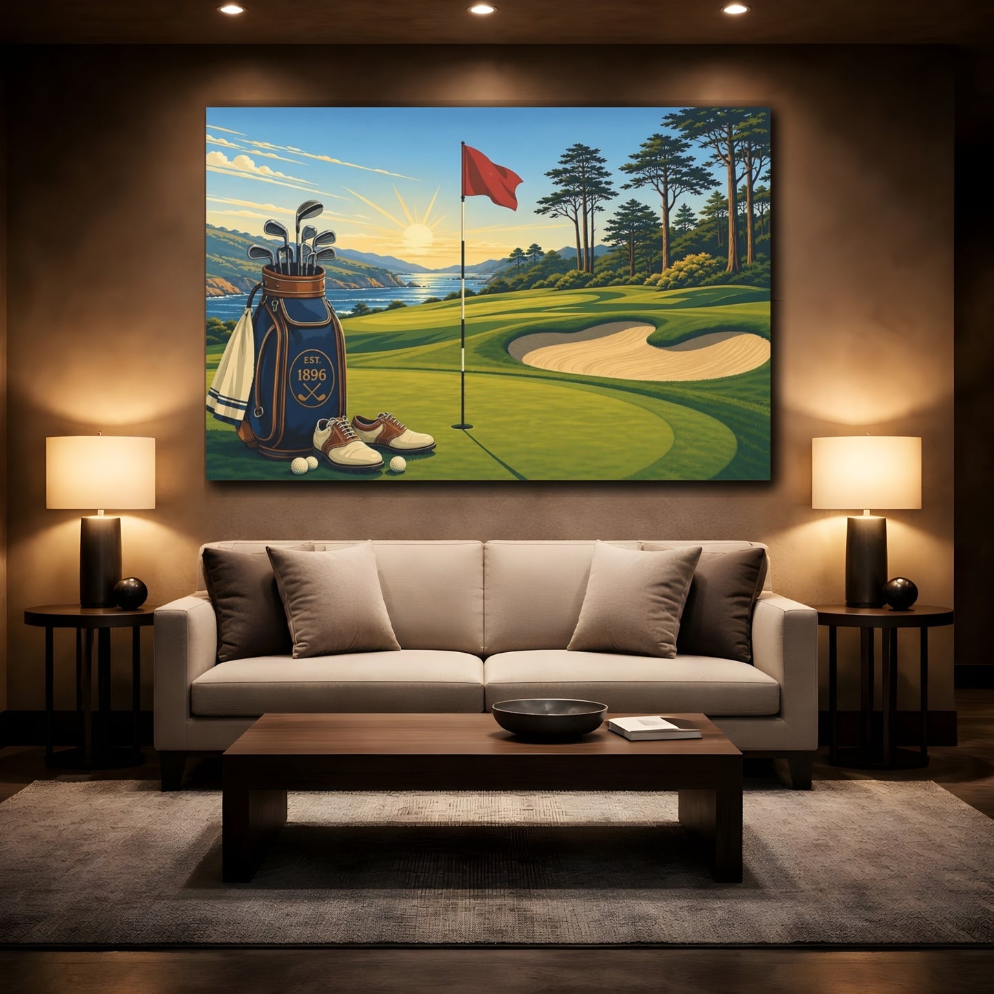Mockup 2. Coastal Golf At Sunrise shown as canvas print