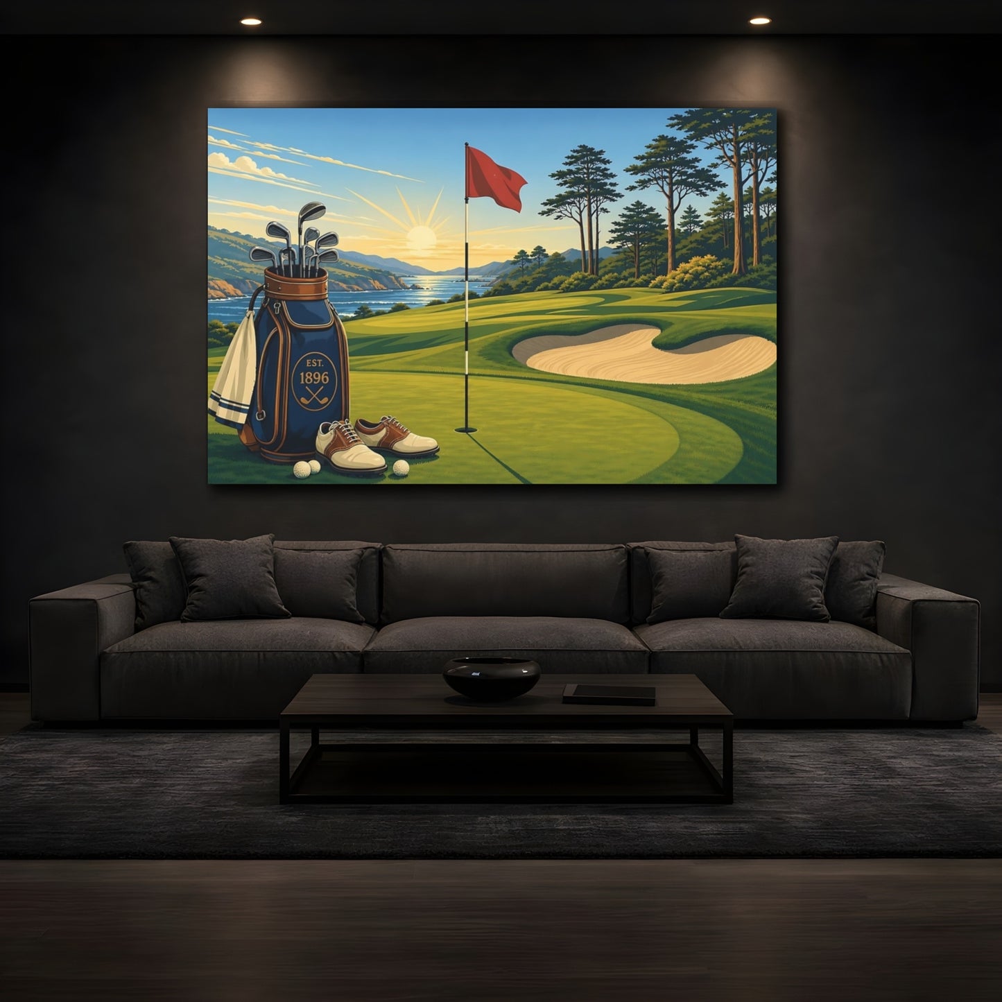 Mockup 3. Coastal Golf At Sunrise shown as canvas print